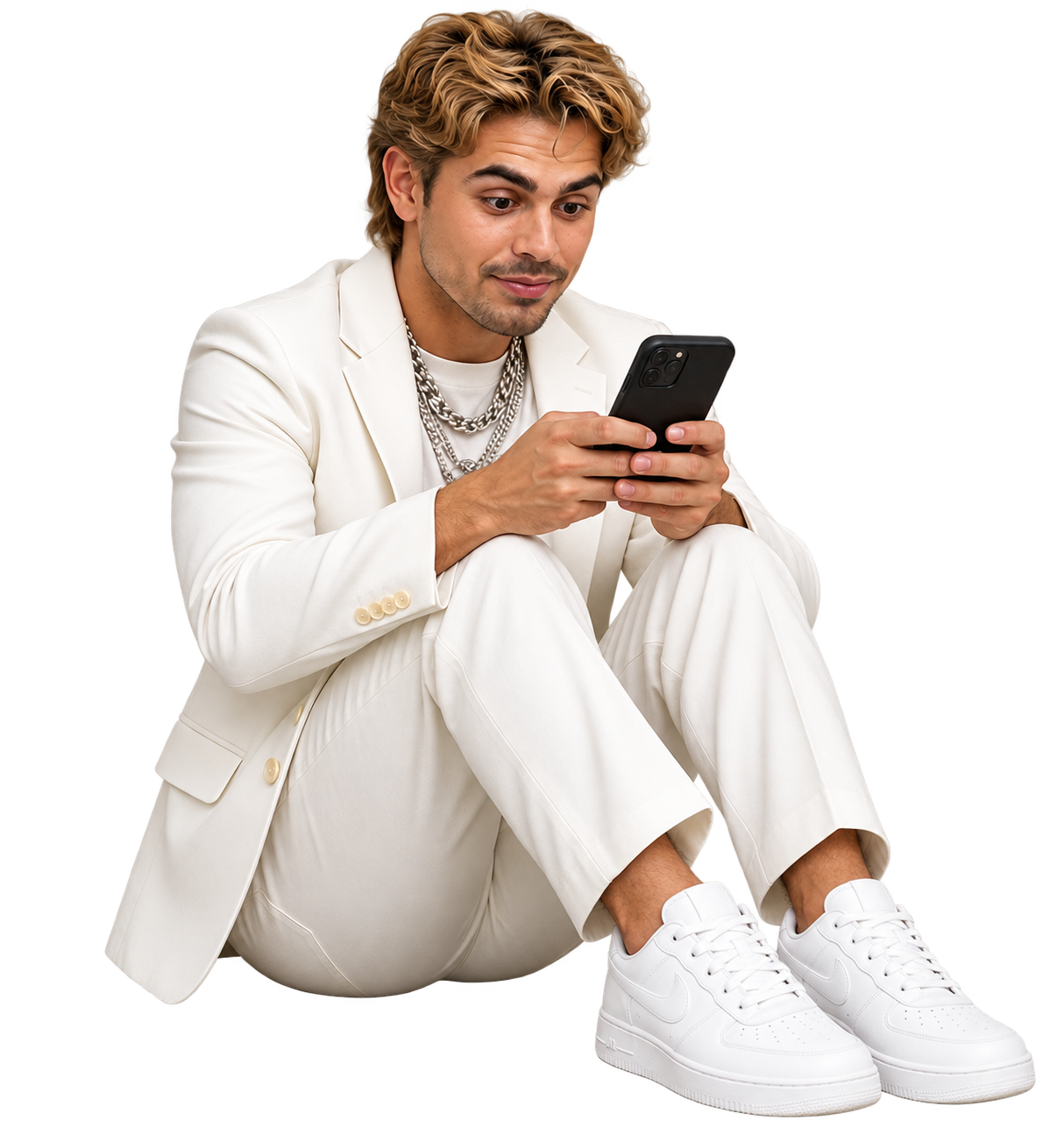 Tjron Fone, a man in a white suit sitting on the floor staring at his phone